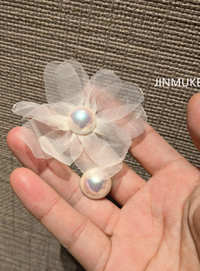 JINMUKE韩国进口东大门时尚耳饰花朵珍珠不对称大夸张白色耳钉新