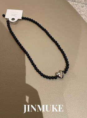 串珠黑色爱心项链锁骨链