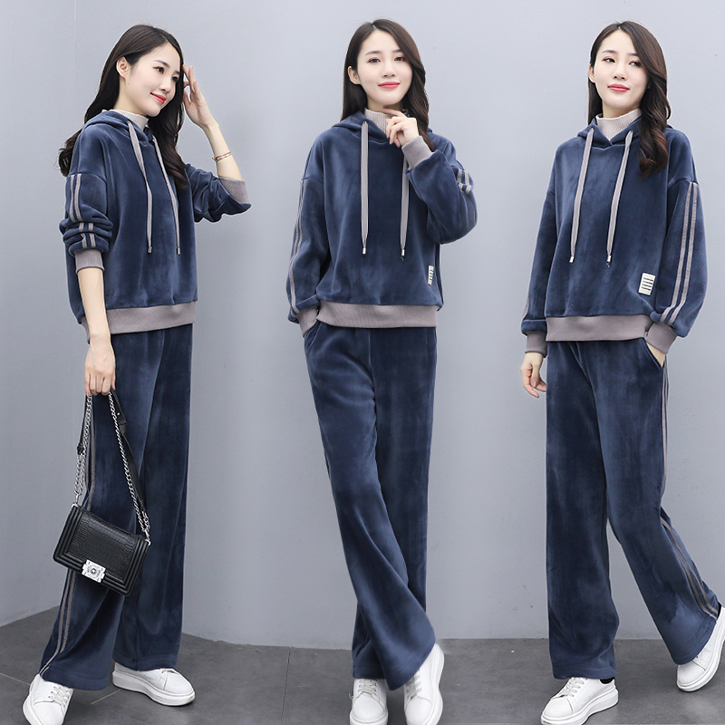 时尚金丝绒套装女秋冬新款加厚加绒韩版2025宽松连帽卫衣两件套潮,淘宝优惠券,粉丝福利购,淘宝优惠卷