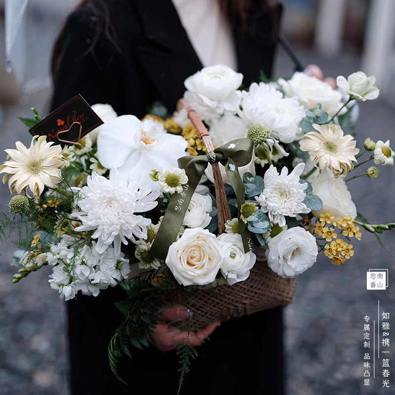清明节鲜花菊花花束手提花篮黄白菊祭奠祭祀扫墓上海花店同城配送