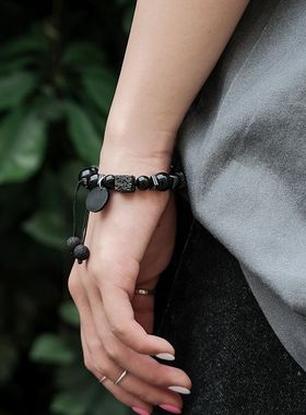 男女通用欧美方块火山石编织手绳