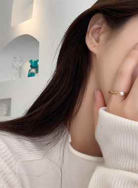 ins设计感几何钛钢镀金珍珠款戒指女 时尚个性食指指环防过敏新款