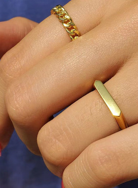 精致韩版时尚几何D字形钛钢镀金戒指光面食指指环百搭气质显手细