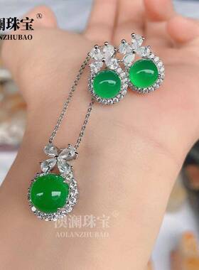 本命年012925银针镶嵌绿玉髓圆形简约小耳钉白玛瑙女款小灯泡玉石