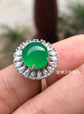 本命年冰种阳绿玉髓戒指925银镶翡翠帝王绿色玉指环可调节礼物
