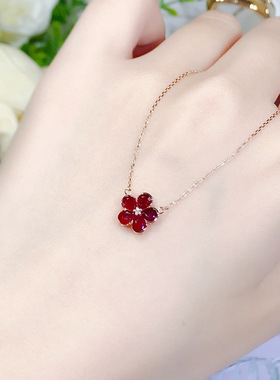 本命年红宝石吊坠女镀s925银彩色宝石项链五叶草红宝石锁骨链礼物