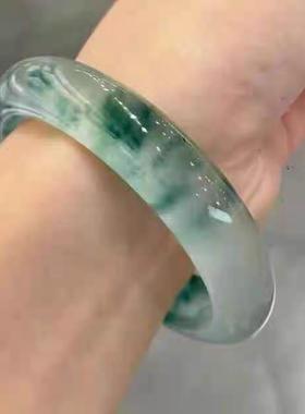 本命年冰种圆条独龙玉手镯飘蓝绿花玉镯子女款证书礼物