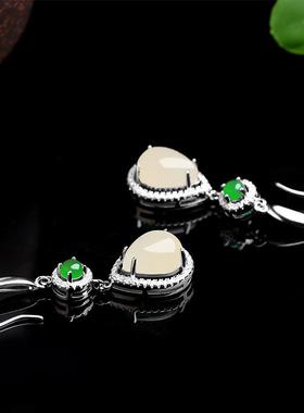 本命年耳环银白玉髓水滴耳钉玉质大气时尚耳饰耳坠礼物