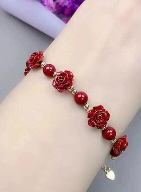 本命年朱砂玫瑰花红色项链助睡眠红玫瑰简约珍珠挂脖吊坠礼物