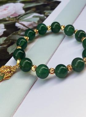 本命年绿色玉髓手链银镶嵌貔貅沙配饰A级玛瑙女士款手串礼物