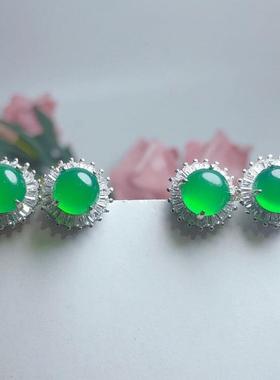 本命年绿玉髓吊坠女耳环钉两件套镶钻帝王绿翡翠色礼物