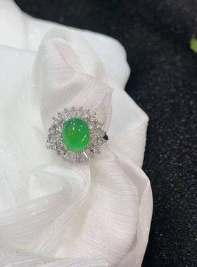 本命年银镶嵌冰种白玉髓女戒绿玛瑙玉石戒指饰品礼物