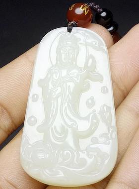 本命年新疆和田玉观音牌子吊坠精雕和田玉莲花站观音玉挂件配证礼