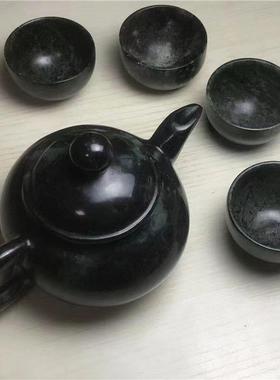 本命年祁连山墨玉茶壶茶杯蛇纹石玉橄榄绿陨石壶玉石药王石茶具摆