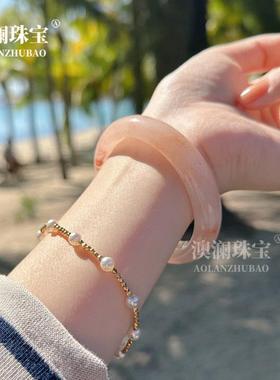 本命年桃花酿石英岩质玉西柚色丝玉手镯女新中式圆条镯子礼物