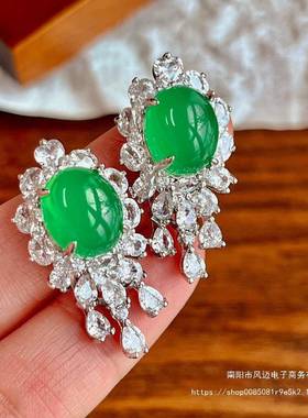 本命年绝美豪华起光绿玉髓耳环满钻流行长款耳坠玛瑙蛋面饰品礼物