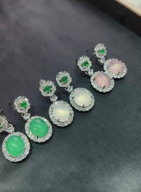 本命年925银镶嵌阳绿玉髓耳坠媲美翡翠色粉蛋面百搭耳环礼物