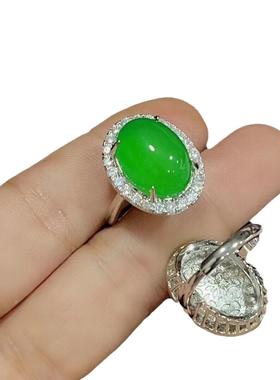 本命年08银镶嵌绿玉髓简约款戒指冰粉玛瑙大号玉石戒指促销礼物