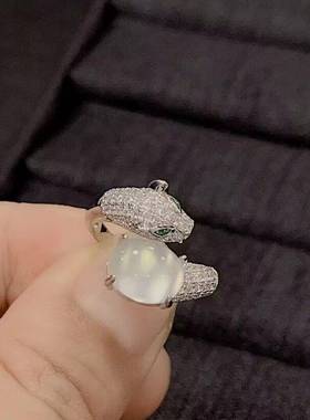 本命年银镶嵌冰种白玉髓豹子头女戒阳绿玛瑙玉石戒指礼物