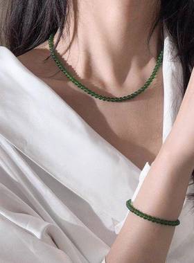 本命年新中式显白绿色玉髓串珠项链碧玉色925银锁骨链送女友节日