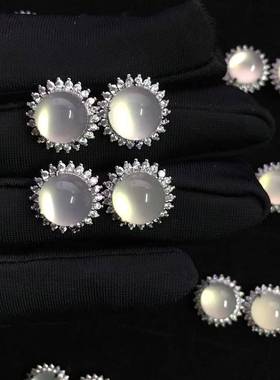 本命年冰白玉髓太阳花耳钉白玉髓耳环白色玉石玛瑙耳钉耳环礼物