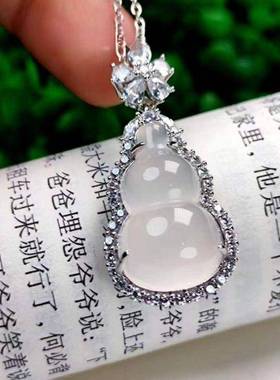 本命年玉髓吊坠高冰925银镶嵌葫芦白粉玛瑙福禄玉石项链挂件礼物