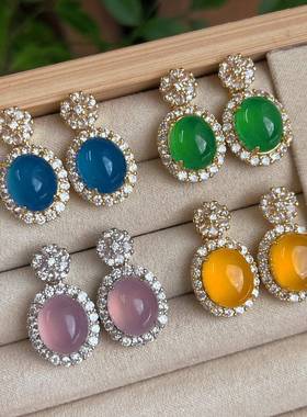 本命年国风复古高品质绿玉髓蓝玛瑙粉玉髓黄玛瑙耳环耳钉选择礼物