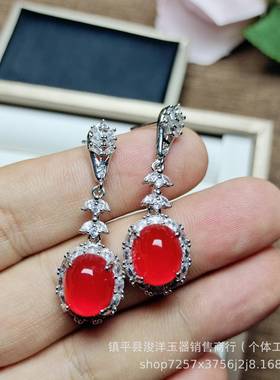 本命年高冰种银镶嵌翡翠绿玉髓耳坠时尚女款绿玛瑙玉石耳环礼物