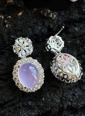 本命年高冰种玉髓紫罗兰鸽子蛋耳钉925银镶嵌白蓝黄玉髓耳坠礼物