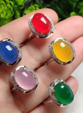 本命年冰种绿玉髓戒指925银活口女款玛瑙水晶宝石翡翠色指环送女