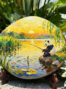 油画熊猫款彩绘工艺品新款风景礼物彩绘石头成品石头画成品鹅卵石