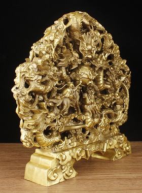 黄铜九龙壁摆件大号双面九龙戏珠家居客厅办公桌装饰工艺礼品摆设