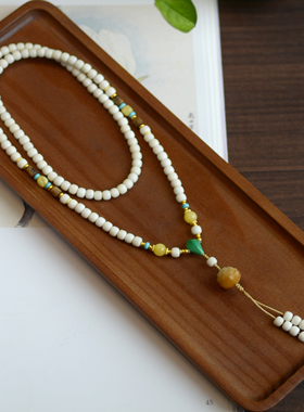 「素念」原创天然白玉菩提沉香蜜蜡108颗毛衣链设计款新中式项链
