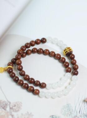 「清欢」原创天然晴水和田玉老山檀双圈手链文玩手串