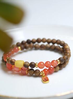 「思莞」原创奇楠沉香樱桃红南红飘花南红双圈手链文玩手串