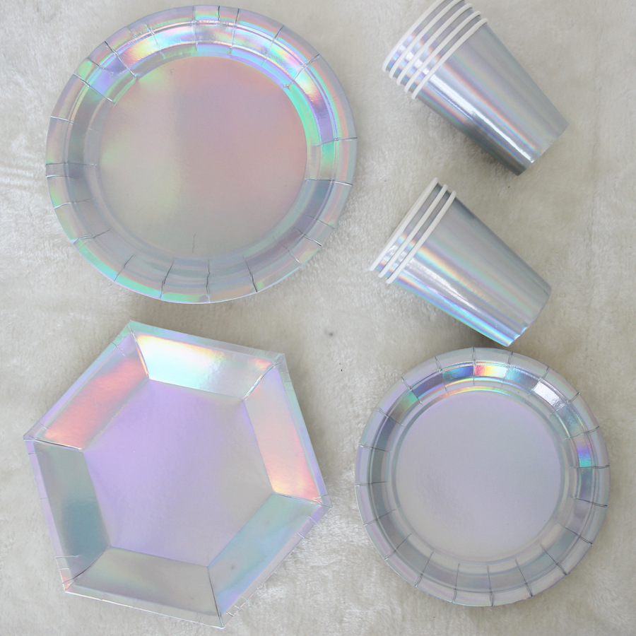 Iridescent paper plate Cup镭射纸盘纸碟纸杯欧美甜品台餐具叉勺 - 图0