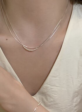 法式精致简约双层银珠项链女小众轻奢叠戴百搭设计感锁骨链配饰