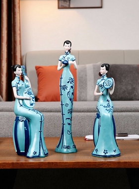 中式旗袍仕女客厅装饰摆件高级感