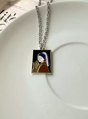 宇宙射线 带珍珠的少女简画底油吊牌项链抽象ins风女简约小众轻奢