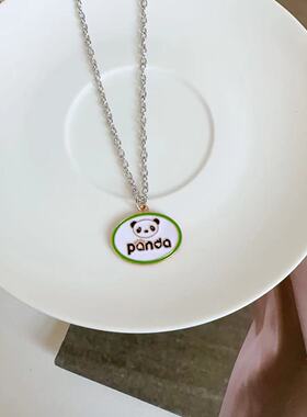 中国熊猫项链复古风毛衣链子时尚潮流椭圆形绿边时尚感新潮银链