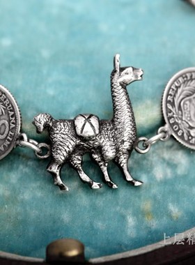 【10周年特惠】神兽羊驼Llama欧美古董老银币银手链 收藏孤品