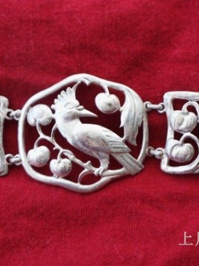 上层精灵的庭院∮稀有夜莺和灯笼果装饰艺术时代纯银镂空图案手镯