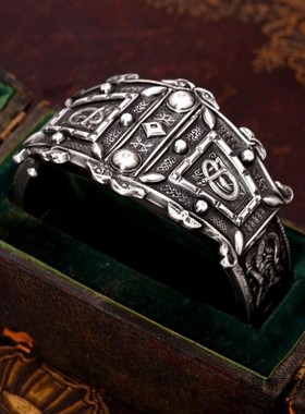 西洋古董首饰19世纪纯银雕花手镯