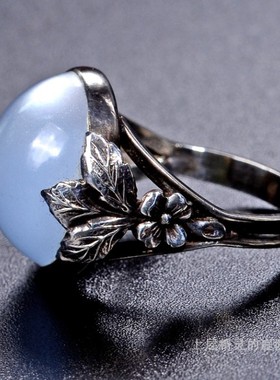 庭院雾面老琉璃纯银古董戒指