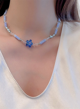 海洋蓝色花朵拼接串珠项链女气质