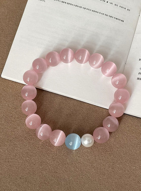 气质甜美粉色猫眼石弹力绳串珠手链女简约个性时尚潮流手环手饰