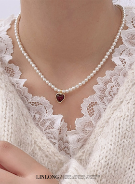 复古简约安可拉红几何爱心项链女