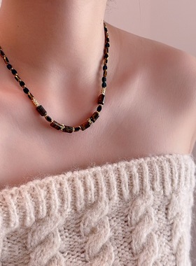 秋冬美拉德圆柱串珠虎眼石项链女复古气质毛衣链轻奢高级感配饰品