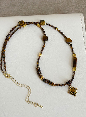 设计感几何椭圆吊坠虎眼石串珠项链女复古独特时尚潮流颈链毛衣链