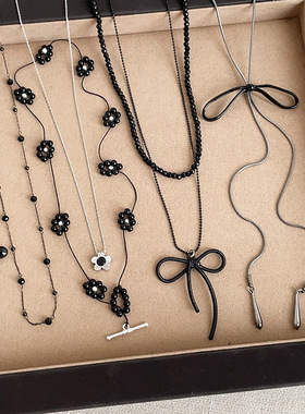 甜酷个性蝴蝶结花朵黑色水晶串珠项链女气质时尚潮流颈链锁骨链